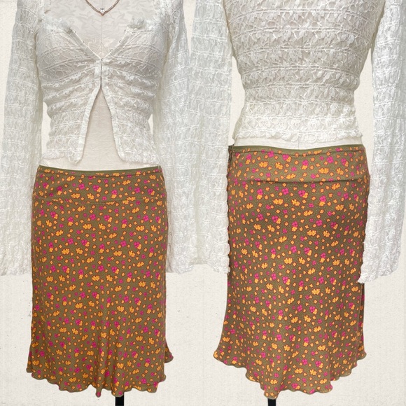 Free People IRL Floral Skirt Mini Green Yellow Pink Combo Satin Silk Low-Rise 4 - Picture 6 of 6